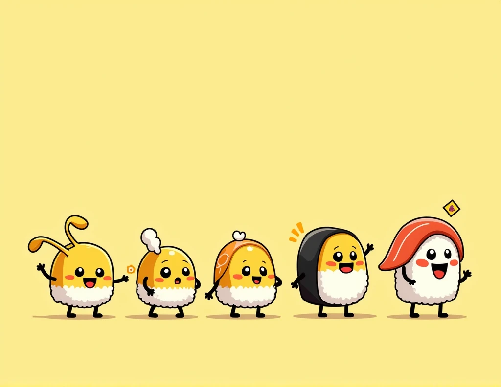 Create 5 cartoon sushi options that have feet and are standing upright, happy and have yellow tones, black and white