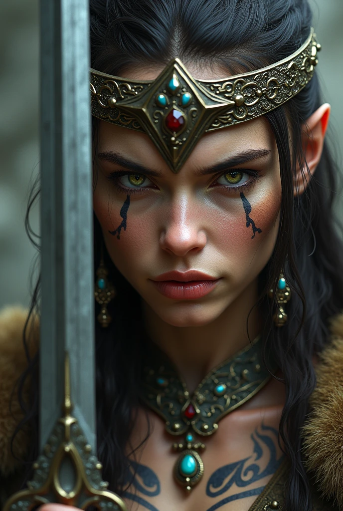 Close up of nordic warrior with sharp dagger in hand, Woman, green eyes, large crown on head , necklace beautiful stones on the neck, tattooed face, very angry