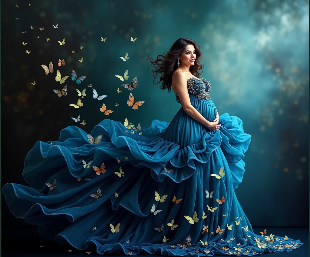 realistic ,araffe woman in a blue dress with butterflies flying around her, maternal photography 4 k, stunning photoshot, flowing gown, colored photography, with beautiful colors, stunning beautiful, belly free teal dress, gown, beautiful gown, blue swirling dress, with beautiful wings, photo taken with nikon d750, photo taken with nikon d 7 5 0