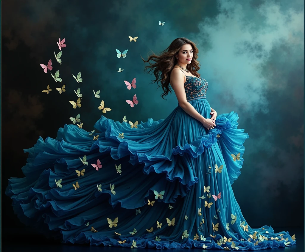 realistic ,araffe woman in a blue dress with butterflies flying around her, maternal photography 4 k, stunning photoshot, flowing gown, colored photography, with beautiful colors, stunning beautiful, belly free teal dress, gown, beautiful gown, blue swirling dress, with beautiful wings, photo taken with nikon d750, photo taken with nikon d 7 5 0