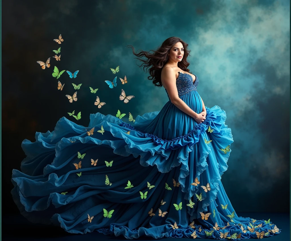 realistic ,araffe woman in a blue dress with butterflies flying around her, maternal photography 4 k, stunning photoshot, flowing gown, colored photography, with beautiful colors, stunning beautiful, belly free teal dress, gown, beautiful gown, blue swirling dress, with beautiful wings, photo taken with nikon d750, photo taken with nikon d 7 5 0