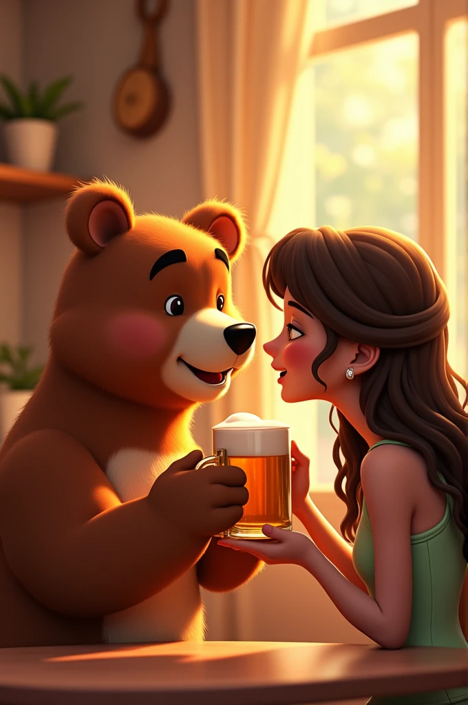 An animated bear with a beer and a woman with hair shuffling. Lively and tender
