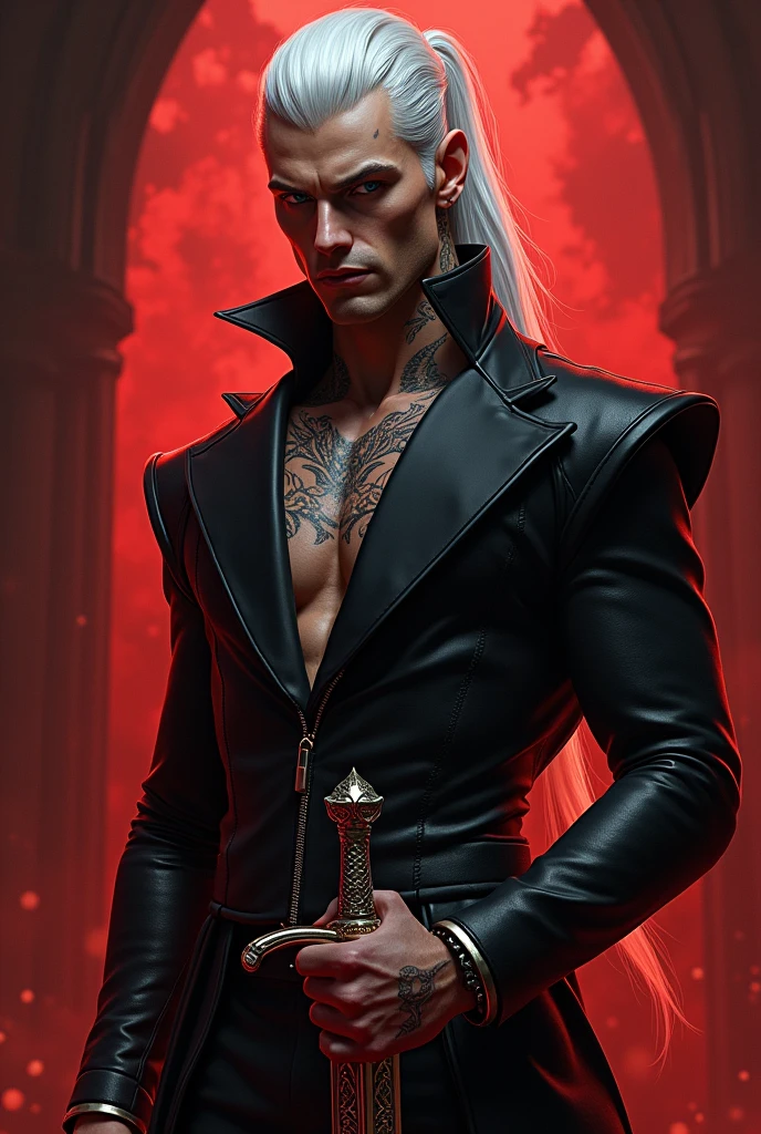 White young man, shirtless, red pants, vampire teeth, red eyes, spiky gray hair