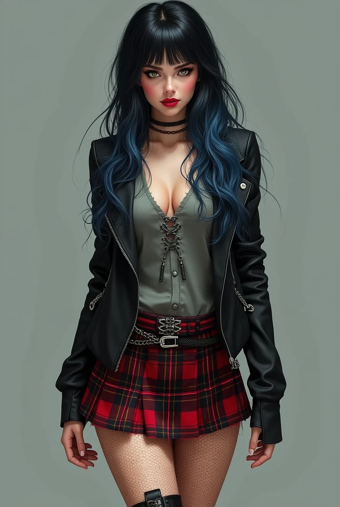 A woman's one, long straight wavy hair without bangs but with a cut called: erfly cut and with black hair color in half and different shades of blue, guitar-shaped body and very sexyth hazel green eyes and red lompinte lips and a gray blouse, black jacket short size, plaid skirt with black and red and chains around the skirt, men's black boots and fishnet stockings, fair skin and attractive rest and peach skin. And very desirable to other men. The woman, be more realistic. Detail takes everything I said and appears in its entirety.