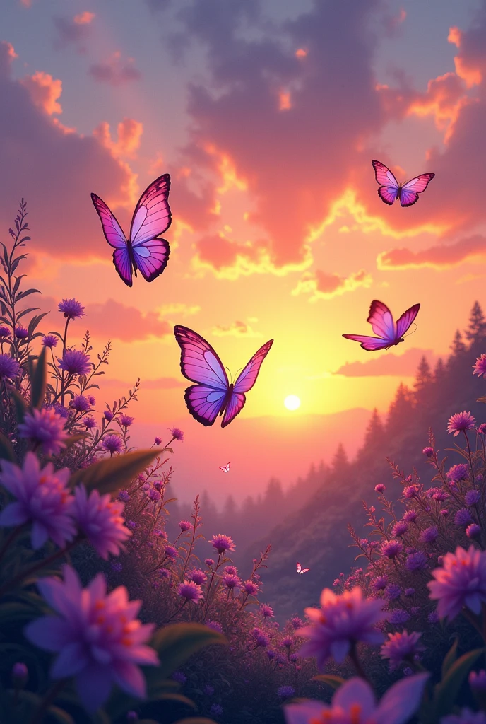 Draw a beautiful sunset full of butterflies with purple flowers