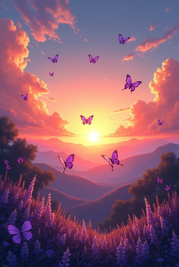 Draw a beautiful sunset full of butterflies with purple flowers