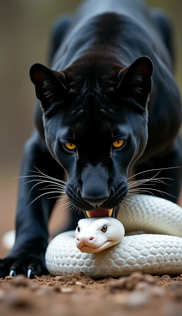 A stunning, high-definition close-up of a black panther gripping a large, white snake with its jaws. The panther's sleek, muscular body is poised over the coiled snake, its eyes intense and focused. The snake, with its mouth open wide, appears to be in the midst of a struggle, showing its sharp fangs. The background is blurred, making the dramatic encounter the focal point. The lighting is subtle, highlighting the panther's dark fur and the snake's pale scales against a neutral, earthy background