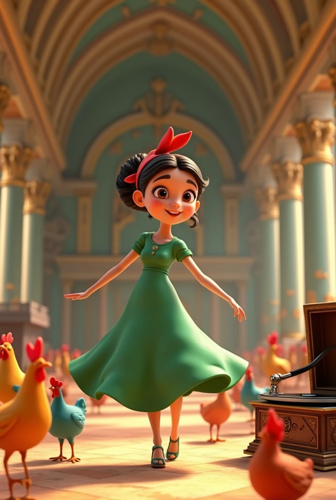 a , green dress, red ribbon on your hair, eyes browns, dancing in a large hall next to a record player and several colorful chickens, 3D cartoon style, cinematic