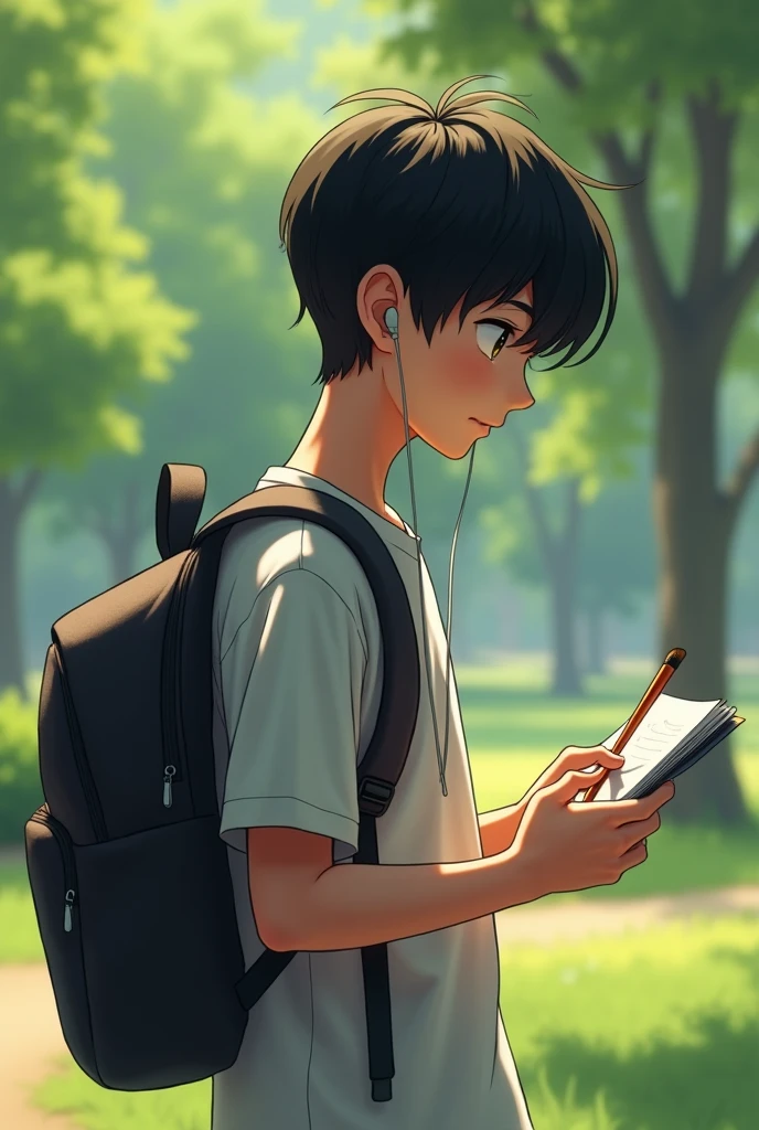 Korean thirteen year old boy, black hair, with a backpack, earphones, a notebook and brush in hand, Let the full body be seen, in the background a park