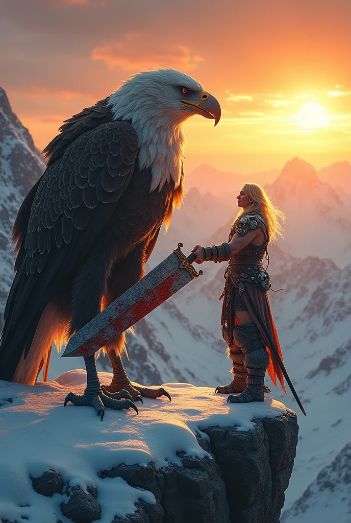 Fantasy-style digital artwork featuring a muscular warrior with long blonde hair and fair skin, standing on a snowy mountain ledge. The warrior is dressed in fur and leather armor adorned with skull motifs, holding a large, blood-stained sword. Behind him, a giant, fierce-looking eagle with detailed feathers and sharp talons spreads its wings. The background showcases a dramatic sunset with vibrant orange and yellow hues, casting a warm glow over the snow-covered peaks. The overall composition is dynamic and intense, with intricate details and a sense of epic adventure.anatomically correct, super detailed, highly detailed, 4k, hyperrealistic, extremely realistic, intricate details, dramatic lighting, moody atmosphere, dark fantasy, cinematic, masterpiece, dramatic pose, muscular anatomy, veins visible, sinews, tendons, viscera, guts, organs, raw power, intense emotion, photorealistic