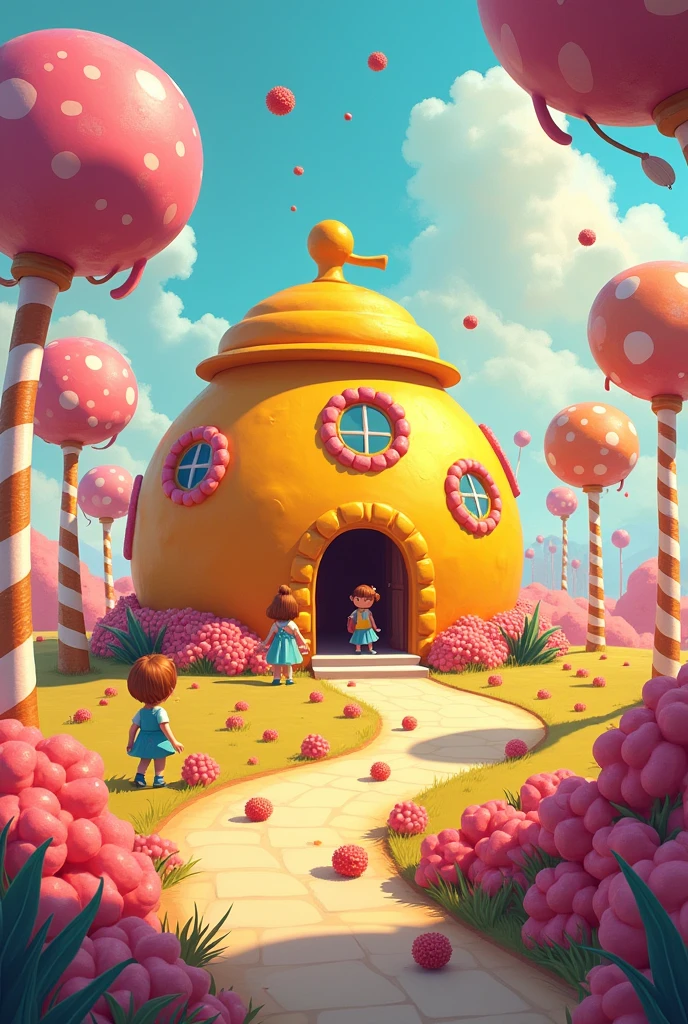 Generate an Illustration of a School with a Honey Pot Structure, and playful . With berries scattered, lollipop and candy trees