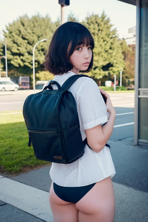 (masterpiece), short hair, One person, Fluffy hair, Curly Hair, Brat, Tsundere, Short thriller, High School Uniform, high school girl, tie, Embarrassing, blush, Shaky Mouth, (anger), From behind, Black Hair, View your viewers, outside, Backpack, panties, sexy