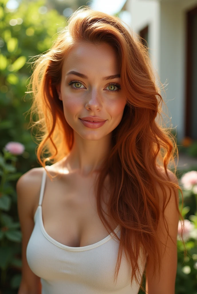 masterpiece、1. absolute realism、hyperrealistic photography、Light skin with Latin undertones、((Waist-up representation:1.5))、(ultra high resolution)、(8k)、(Extremely realistic details)、(Long hair, redhead, slightly wavy)、(Detailed hair texture)、calm and natural expression、light but genuine smile、large and expressive eyes、Green eyes with depth、Long and natural eyelashes、Warm natural garden lighting、Soft sunlight filtered through the leaves、Direct gaze into the camera with warmth、Toned and healthy body、slim and defined waist、Natural environment with green garden and vibrant flowers、Modern house in background、Relaxed and homely atmosphere、casual summer and relaxed clothing、((minimal neckline:0.1))、Fresh and natural look without excessive makeup、Realistic skin texture with pore details and natural highlights、Naturally hydrated lips、soft shadows created by sunlight、subtle latin features