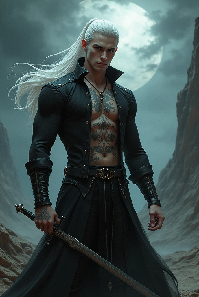 Create a handsome and attractive young prince of hell wearing a black body jacket, long white hair tied in a ponytail. Have some tattoos and a sword