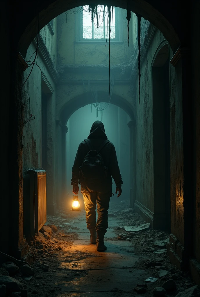 abandoned mansion, FIRST PERSON POINT of view with a lamp in hand inside the mansion