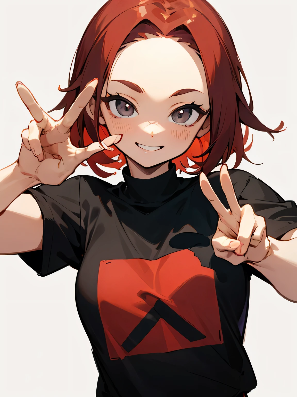 solo,(leaning foward:1.3),cute face,upperbody,(red medium hair),(big forehead),(tsurime),gray eyes,black t-shirts,good hands,(peace sign),white simple background,big smile