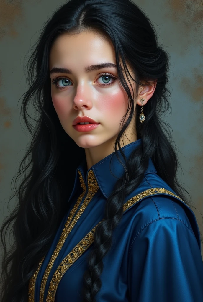 she has a rosy complexion, a diamond shaped face, a trumpet nose, blue-gray almond-shaped eyes, long black hair half tied, full lips and she wears a ravenclaw uniform
