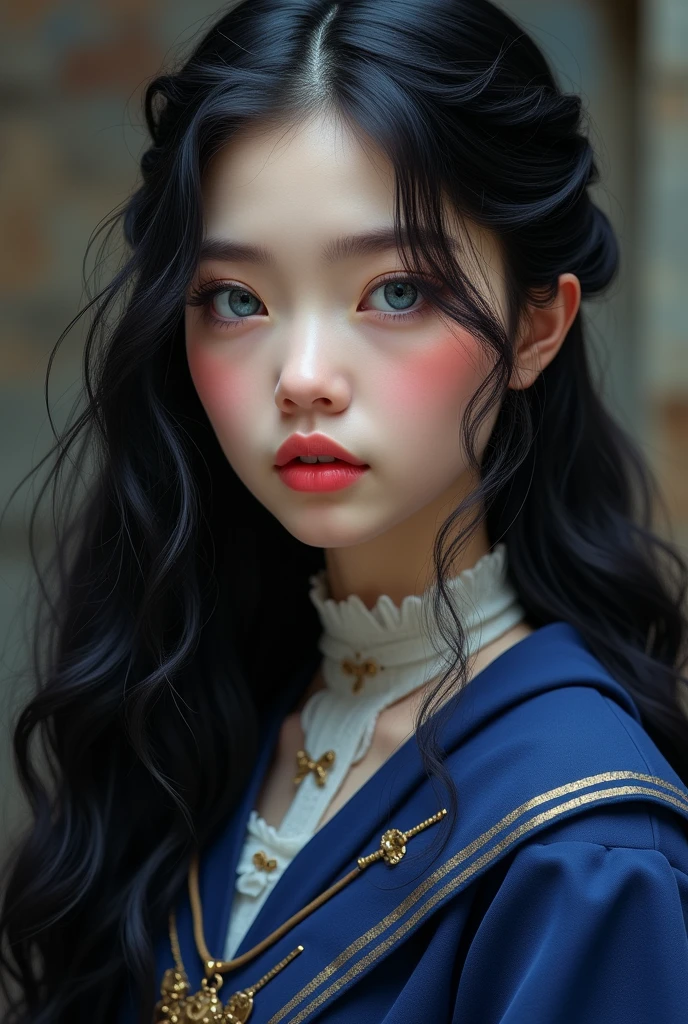 she has a rosy complexion, a diamond shaped face, a trumpet nose, blue-gray almond-shaped eyes, long black hair half tied, full lips and she wears a ravenclaw uniform