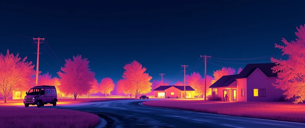 "Infrared thermal imaging of a landscape at night with various heat signatures. The sky is dark, and the ground shows different temperatures in shades of red, orange, yellow for warmer objects and blue, purple for cooler areas. There are silhouettes of buildings, vehicles, and possibly people visible as distinct heat sources. The image has high contrast between hot and cold areas, with clear outlines of objects."