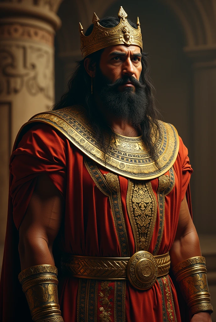 Create a hyper-realistic image of King Nebuchadnezzar of Babylon, dressed in ornate Mesopotamian robes and a golden crown. He should have a proud, authoritative expression, with a strong build and regal posture. Include subtle hints of future humility in his eyes, with dramatic lighting highlighting his power and the intricate details of his attire.