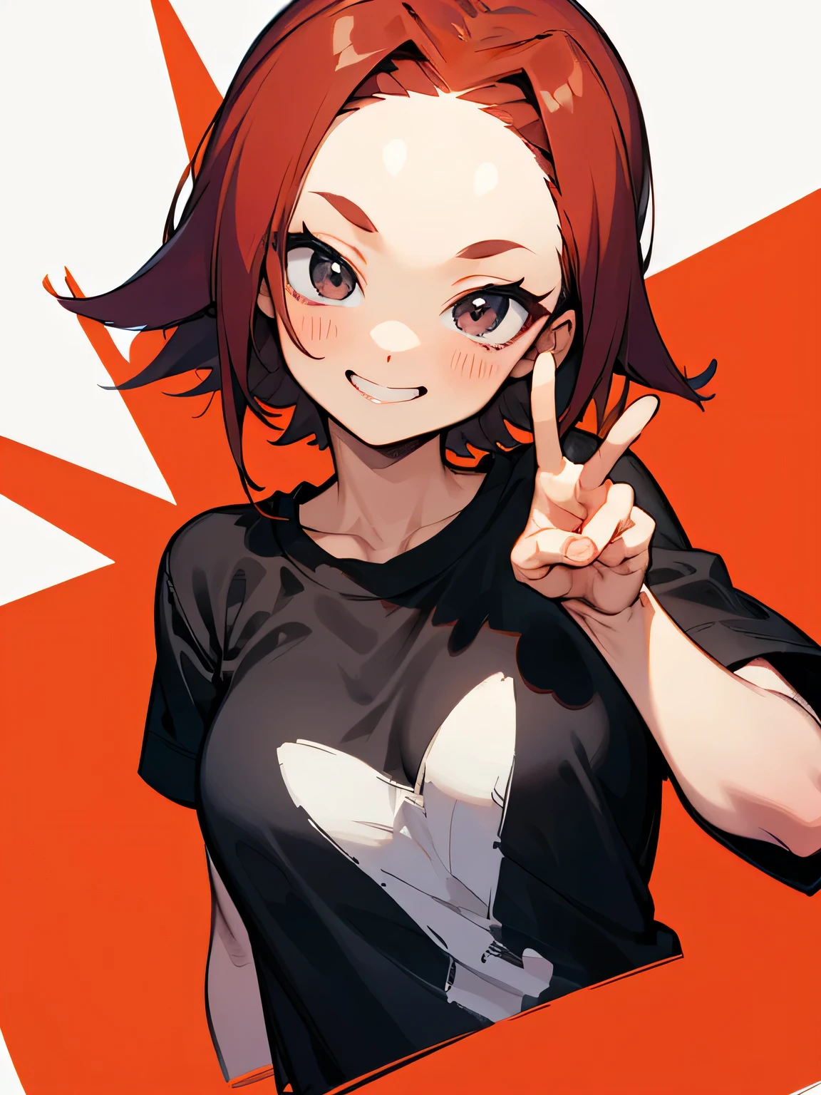 solo,(leaning foward:1.3),cute face,upperbody,(red medium hair),(big forehead),(tsurime),gray eyes,black t-shirts,good hands,(peace sign),white simple background,big smile