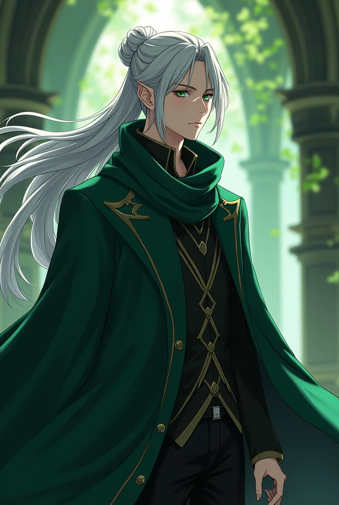 anime oc man elfo with long silver hair, tied hairstyle and green eyes, wearing an overcoat with a dark green scarf