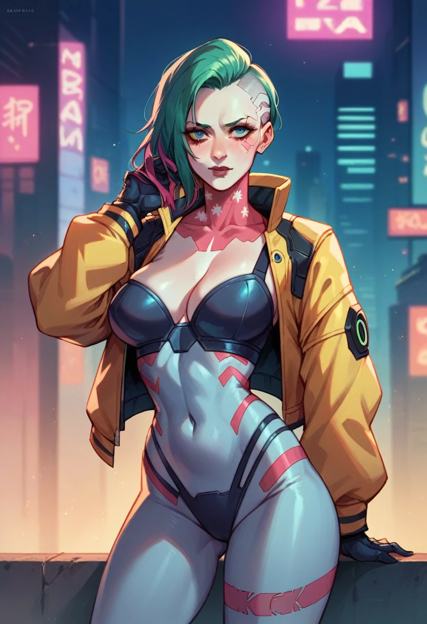 (masterpiece), (best quality), (intricate details, very aesthetic), highres, absurdres,  good hands, 1girl, <lora:stanley_lau-animagine:1>, stanley_lau_style, realistic,  lucy \(cyberpunk\), cyberpunk \(series\), black leotard, asymmetrical hair, two-tone hair, gradient hair, makeup, red eyeliner, android, jakcet, open jacket, yellow jacket, highleg leotard, (black belt:1.1), short shorts, white shorts, looking to the side, cityscape, city lights, cyberpunk, science fiction, red lips, standing, against railing,