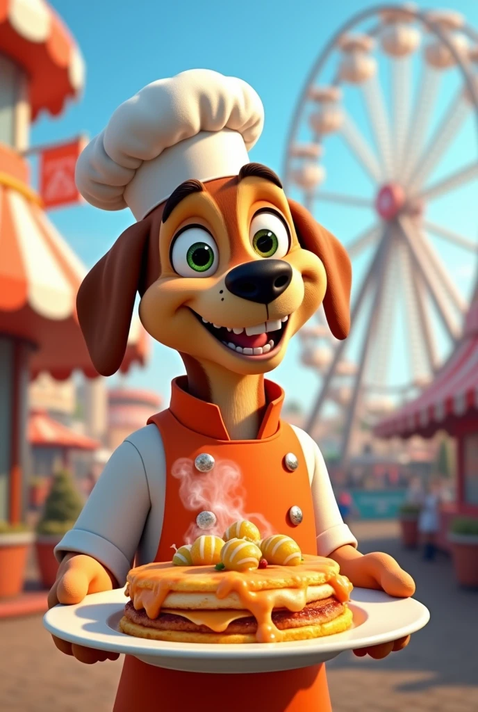 Image of the chef dog Juca Hamburcão with his orange and white clothes, greeneyes, smiling , in an amusement park with a ferris wheel in the background showing a delicious plate of wet food Pixar Cartoon