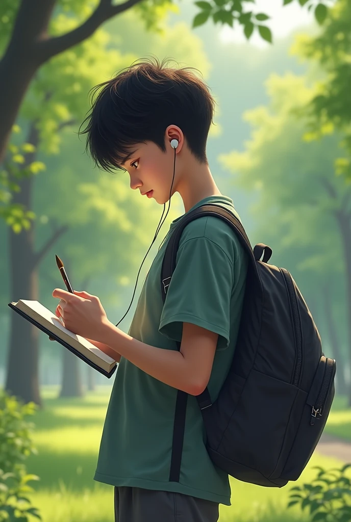 Korean boy, black hair, with a backpack, earphones, a notebook and brush in hand, Let the full body be seen, in the background a park