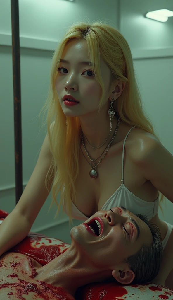 (((photorealistic:1.4))), ultra realistic, pores, (((masterpiece))),high quality, ultra details, realistic white skin beautiful face pretty korean idol adult smilling bloody woman showing long sharp black fingernails, model, very pretty, vein on hands, wearing sexy outfit, pretty long legs, ring on fingers, long yellow hair,  long earrings, big necklace, tongue kissing  painful expression of realistic ugly old man tied up on the post with throat ripped, blood splatter everywhere, extreme gore, looking at camera, high post, night, white torture room with torture device on the table, looking at camera, 