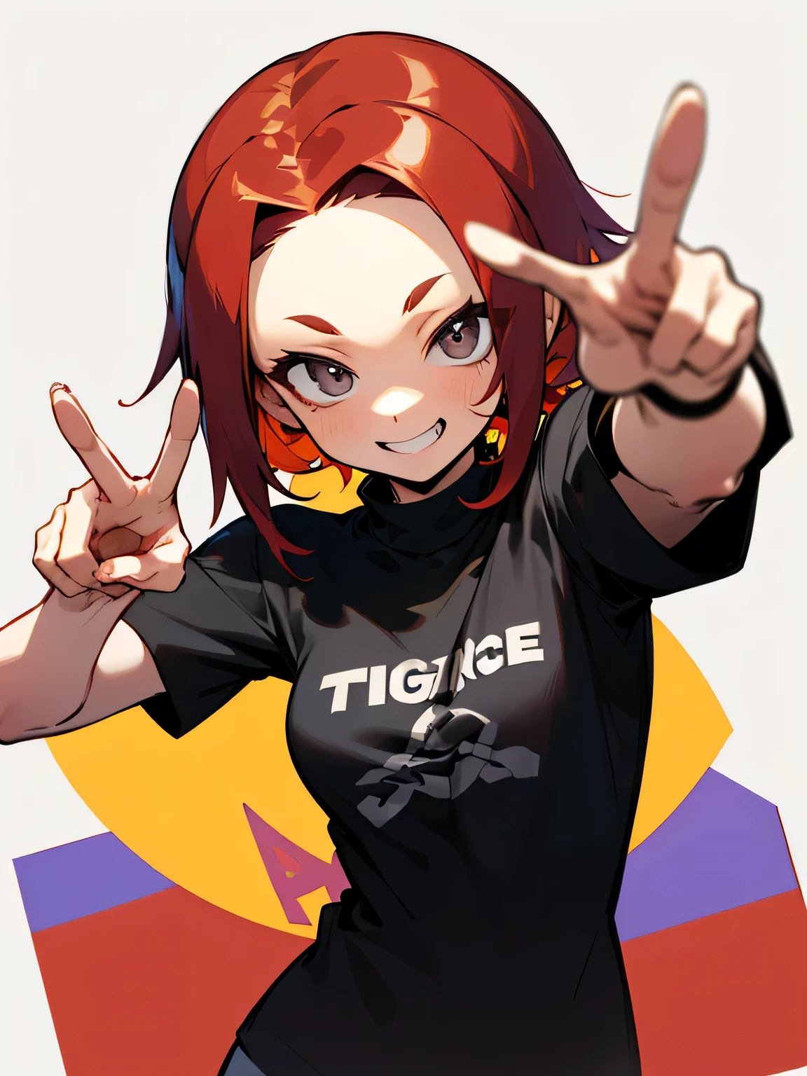 solo,(leaning foward:1.3),cute face,upperbody,(red medium hair),(big forehead),(tsurime),gray eyes,black t-shirts,good hands,(peace sign),white simple background,big smile