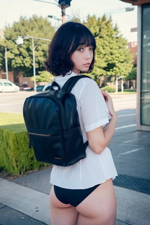 (masterpiece), short hair, One person, Fluffy hair, Curly Hair, Brat, Tsundere, Short thriller, High School Uniform, high school girl, tie, Embarrassing, blush, Shaky Mouth, (anger), From behind, Black Hair, View your viewers, outside, Backpack, panties, sexy、The skirt is flipped up