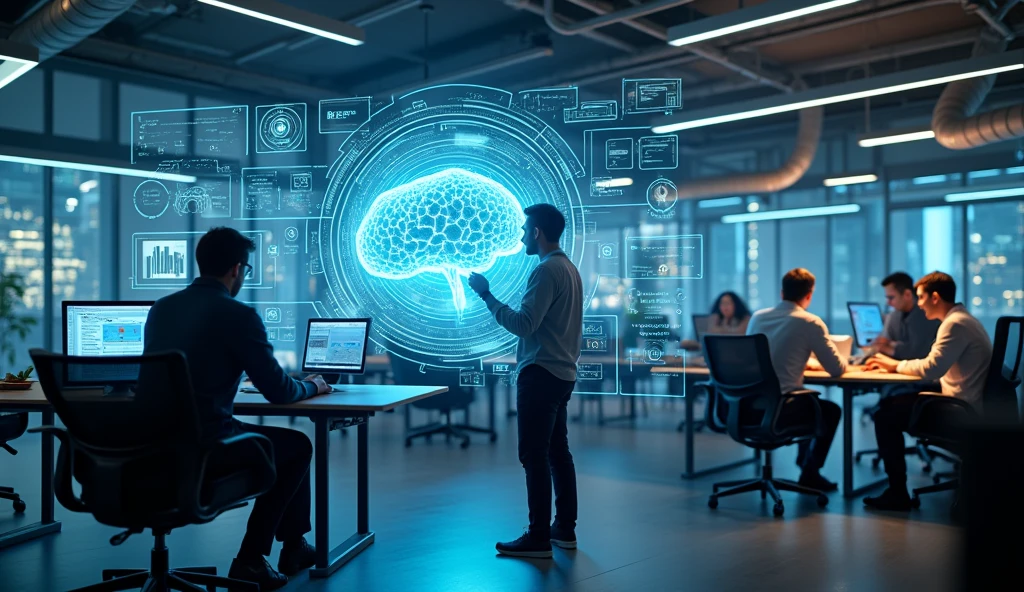 A hyper-realistic image of a modern startup office with AI technology being integrated into daily operations. The scene should include holographic displays showing AI algorithms, developers working on machine learning models, and robots assisting with tasks. The environment should be sleek, futuristic, and filled with high-tech gadgets, emphasizing innovation and technology, photorealista, 8K, (melhor qualidade,4K,8K,alta resolução.
