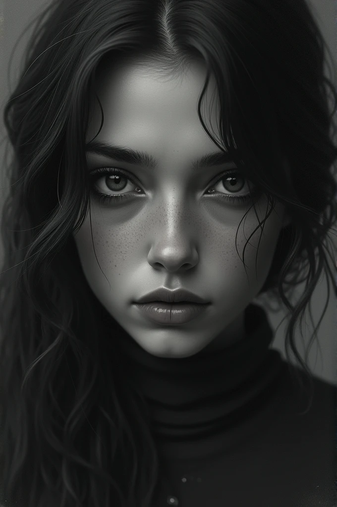 A woman with a sad expression looking straight ahead with deep black eyes, the colors being variations of gray, the photo being focused on the face