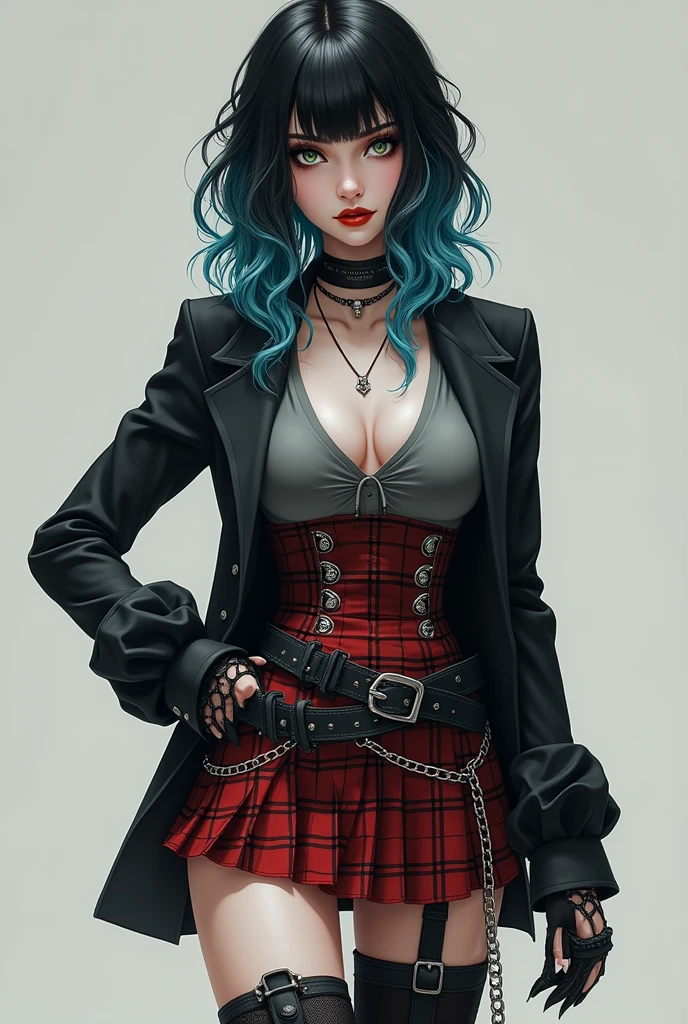 A woman's one, long straight wavy hair without bangs but with a cut called: butterfly cut and with black hair color in half and different shades of blue, guitar-shaped body and very sexy with hazel green eyes and red lompinte lips and a gray blouse, black jacket short size, plaid skirt with black and red and chains around the skirt, men's black boots and fishnet stockings and around his neck he wears a choker with a necklace, fair skin and attractive rest and peach skin. And very desirable to other men. The woman, be more realistic. Detail takes everything I said and appears in its entirety.