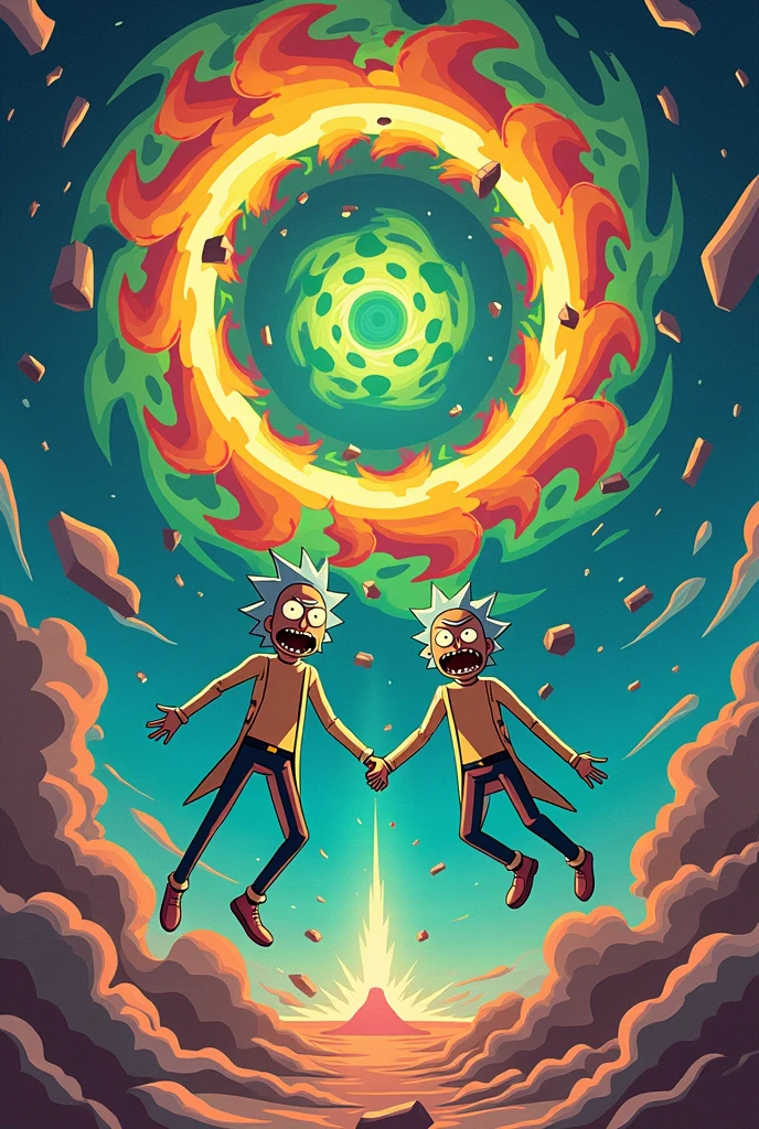 Rick and morty cubism style, that the characters are falling from the sky and in the middle there has to be a portal 
