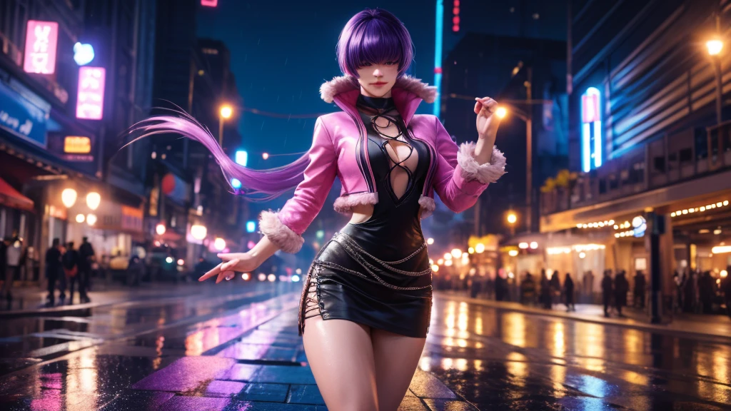 (at night), alone, in a video game scene a background of a beautiful city during the day raining, standing at attention, purple hair, ((purple hair)), 1 girl, alone, 20 years old, young woman, perfect hands , beautiful and perfect symmetrical fingers, beautiful long legs, perfect legs, beautiful body, beautiful nose, beautiful character design, perfect face, look at the viewer (focusing on the entire character), closed mouth, Light_Smile, official art, wallpaper Extremely detailed CG unity 8k, perfect lighting, bright and colorful front lighting, glowing skin (masterpiece: 1.0), (best quality: 1.0), ultra high resolution, 4K, ultra detailed photography, 8K, HDR, high resolution, nonsense: 1.2, Kodak portra 400, film grain, blurred background, bokeh: 1.2, lens flare, (vibrant_color: 1.2), professional photography, (beautiful_face: 1.5), (narrow waist),