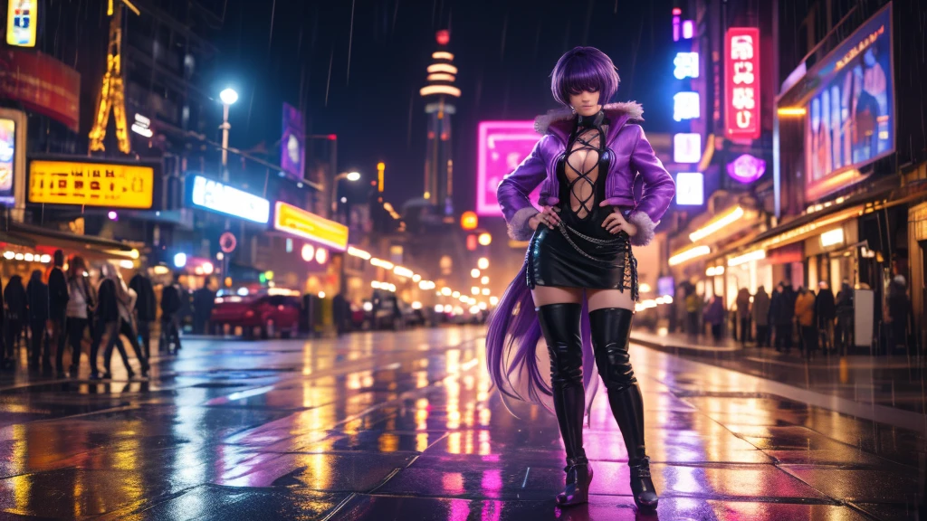 (at night), alone, in a video game scene a background of a beautiful city during the day raining, standing at attention, purple hair, ((purple hair)), 1 girl, alone, 20 years old, young woman, perfect hands , beautiful and perfect symmetrical fingers, beautiful long legs, perfect legs, beautiful body, beautiful nose, beautiful character design, perfect face, look at the viewer (focusing on the entire character), closed mouth, Light_Smile, official art, wallpaper Extremely detailed CG unity 8k, perfect lighting, bright and colorful front lighting, glowing skin (masterpiece: 1.0), (best quality: 1.0), ultra high resolution, 4K, ultra detailed photography, 8K, HDR, high resolution, nonsense: 1.2, Kodak portra 400, film grain, blurred background, bokeh: 1.2, lens flare, (vibrant_color: 1.2), professional photography, (beautiful_face: 1.5), (narrow waist),