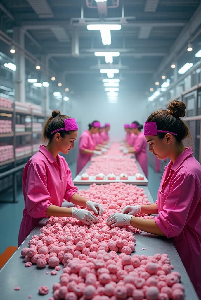 Several people working in a giant modern industrial candy factory wearing pink uniforms, people using machines in forming sweets, closed boxes full of candy rolling through the machines, each type of candy being organized and separated perfectly, confectioners preparing cakes, doces e cupcakes