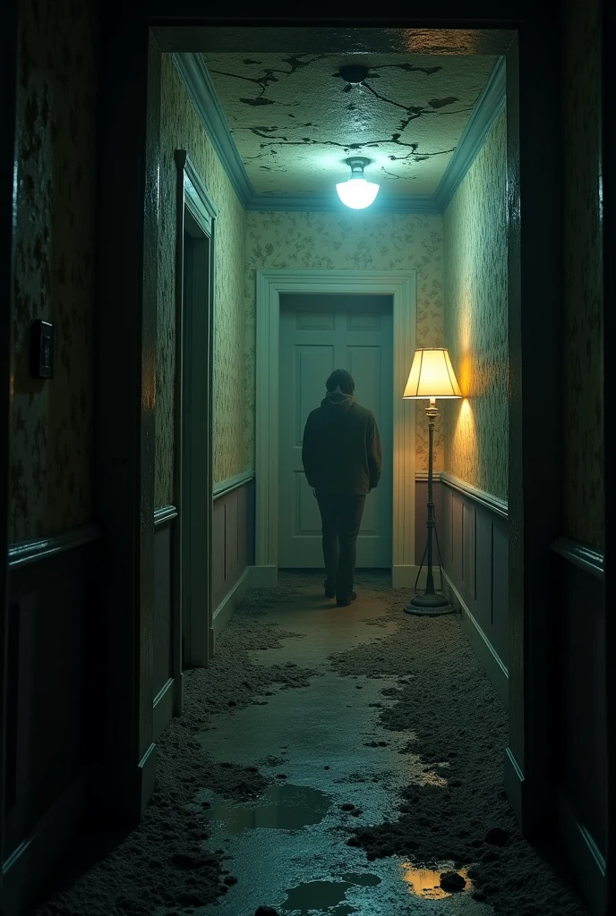 abandoned mansion, FIRST PERSON PERSPECTIVE with a lamp in hand inside