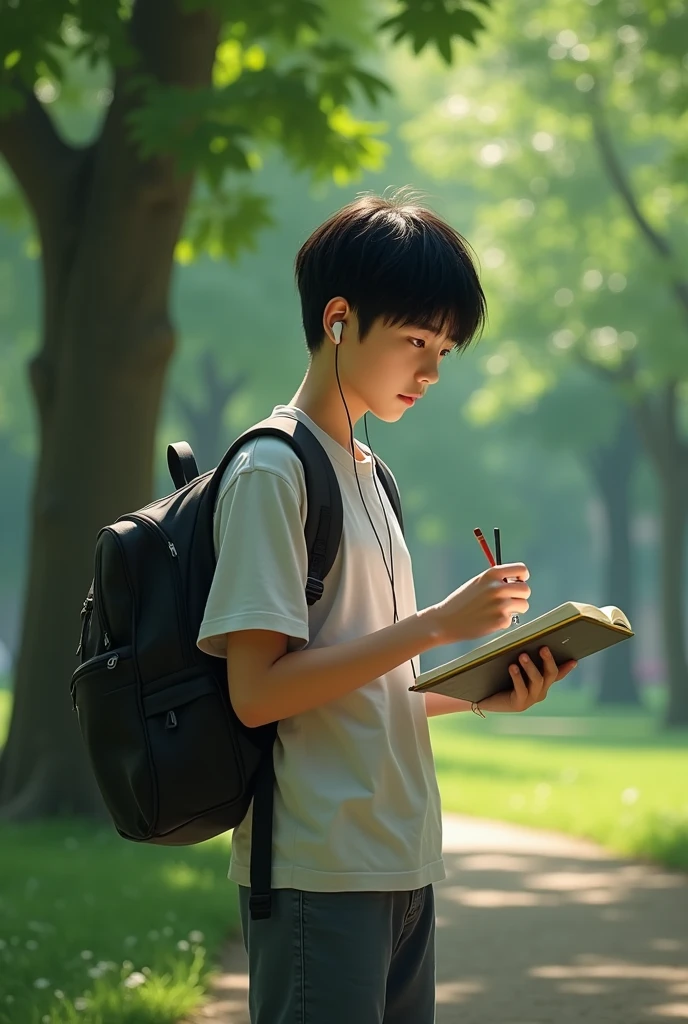 Korean thirteen year old boy, black hair, with a backpack, earphones, a notebook and brush in hand, Let the full body be seen, in the background a park