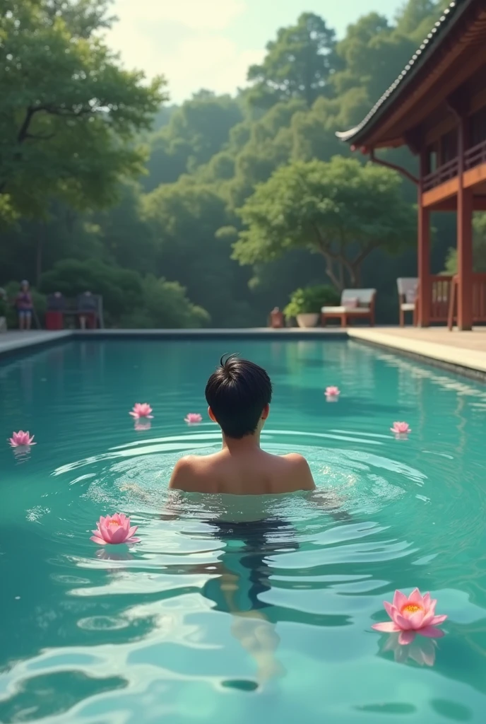 Swimming in the hotel pool　Male college student　Japanese　Japan Multiple