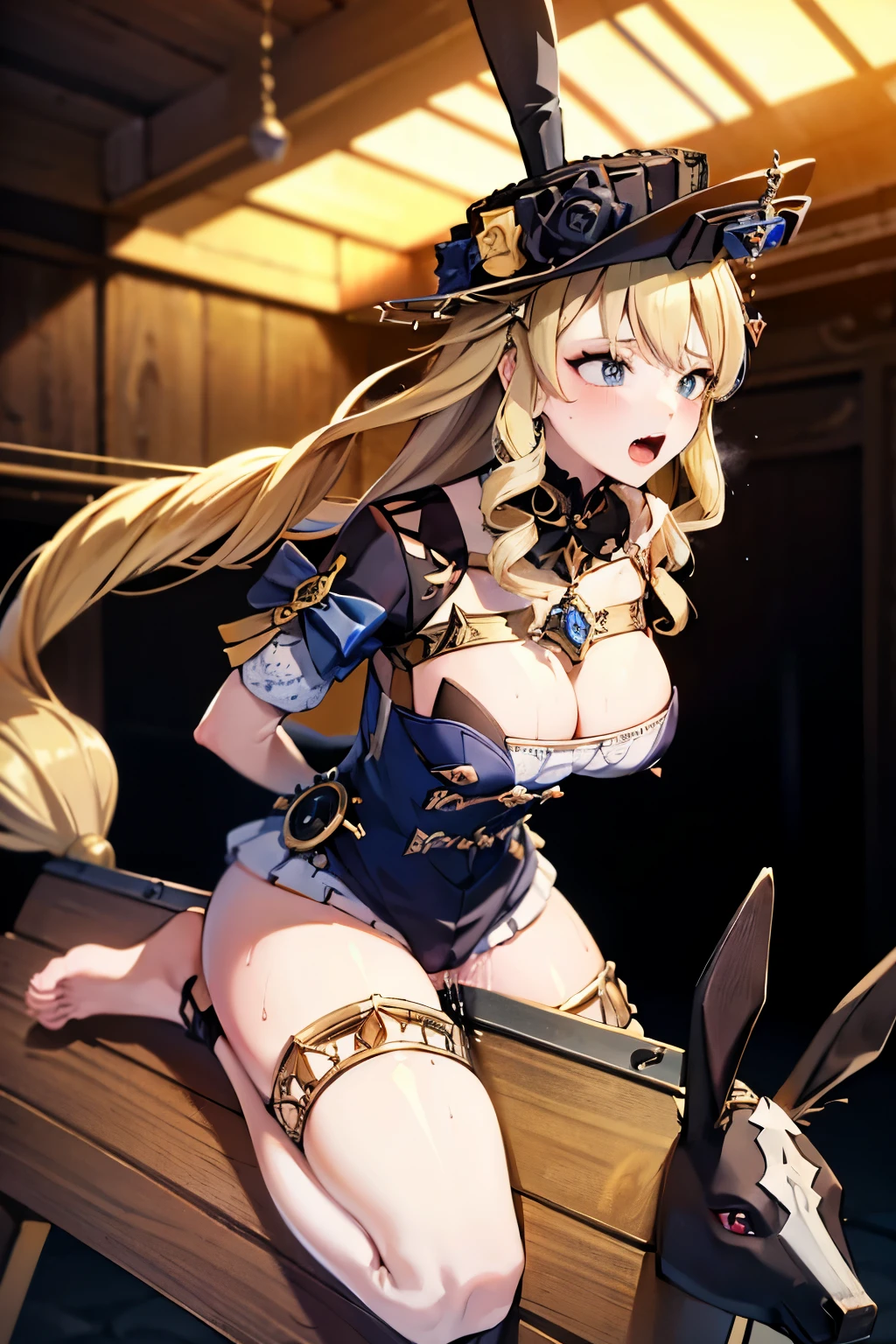 nsfw ,NUDE ,naked ,tied up her arms ,eyes closed ,breast milk ,Put her hands behind her back ,very large breast ,best quality foot:1.5 ,((high quality toe:1.5)) ,(a girl on a wooden horse:1.2) ,in a prison ,in a dungeon ,pussy juice:1.5 ,crying face ,scream, tears, raise both hands ,hyper realistic ,intricate details ,photorealistic ,cinematic lighting ,dramatic composition ,muted colors ,chiaroscuro lighting, moody atmosphere, fine art painting ,detailed face ,highly detailed, masterpiece:1.4, best quality:1.5, 8k:1.4 ,4K ,2k, Suggestive liquid, rubbing the crotch