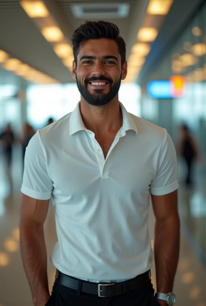 (photorealism:1.2), handsome tanned man, black hair, short beard, smiling, sexy brazilian, slim, , Photorealistic, 8k, highly detailed, Cinematic lighting, Vivid colors, in the airport, white polo shirt and black pants