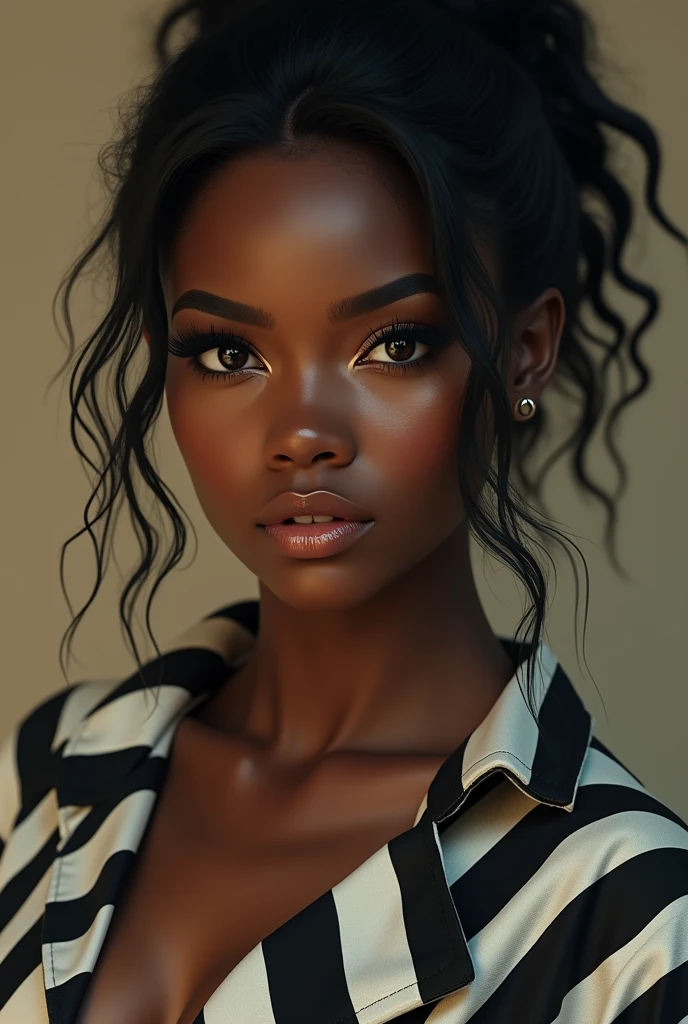 a beautiful young black girl, beautiful detailed eyes, beautiful detailed lips, extremely detailed eye and face, long eyelashes, black and white prison clothes, high qualiy, 4K, 8k, hyper realist, soft lighting, Warm Color Palette, big boobies, big-ass, with sand powers