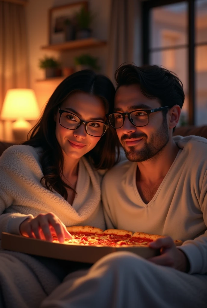 couple of man with glasses and woman with straight black hair eating pizza together at home watching TV under the blanket wearing pajamas
