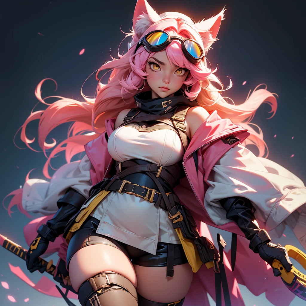 envision a 8k, highres, cinematic, beautiful close up portrait of a curvy woman named Raora Panthera with white animal ears, tail, yellow eyes, pink hair, goggles, hat, open jacket, off shoulder, thigh straps, thighhighs, against a dark background