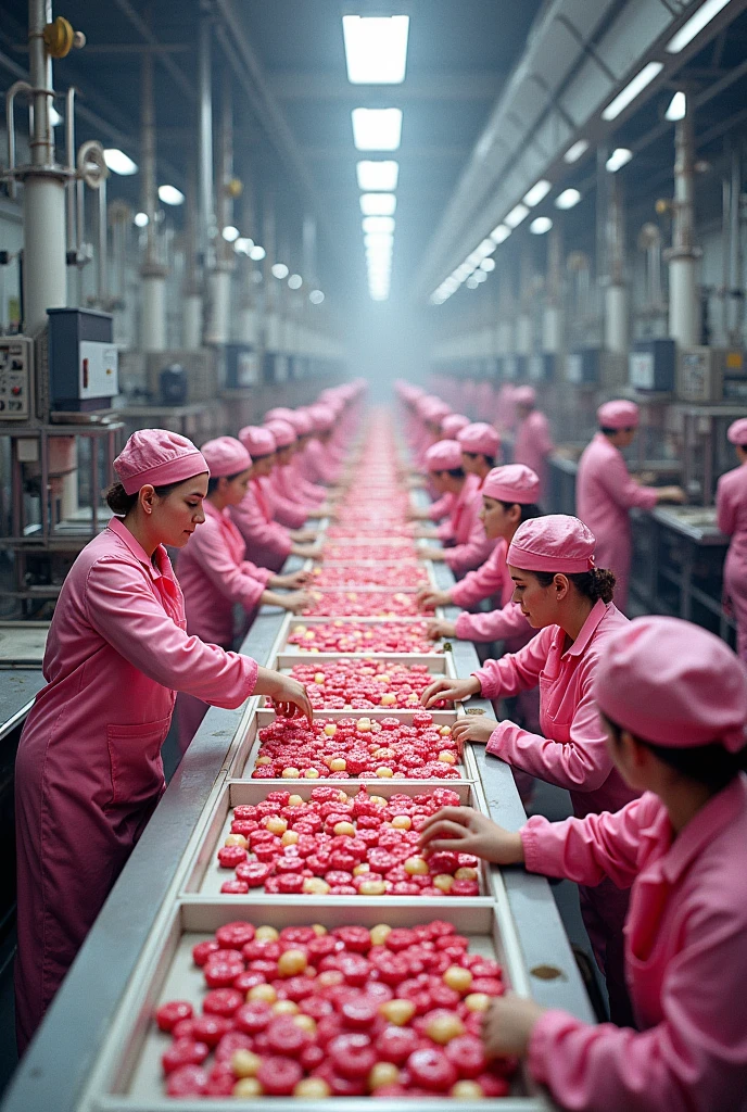 Several people working in a giant modern industrial candy factory wearing pink uniforms, people using machines in forming sweets, closed boxes full of candy rolling through the machines, each type of candy being organized and separated perfectly, confectioners preparing cakes, doces e cupcakes