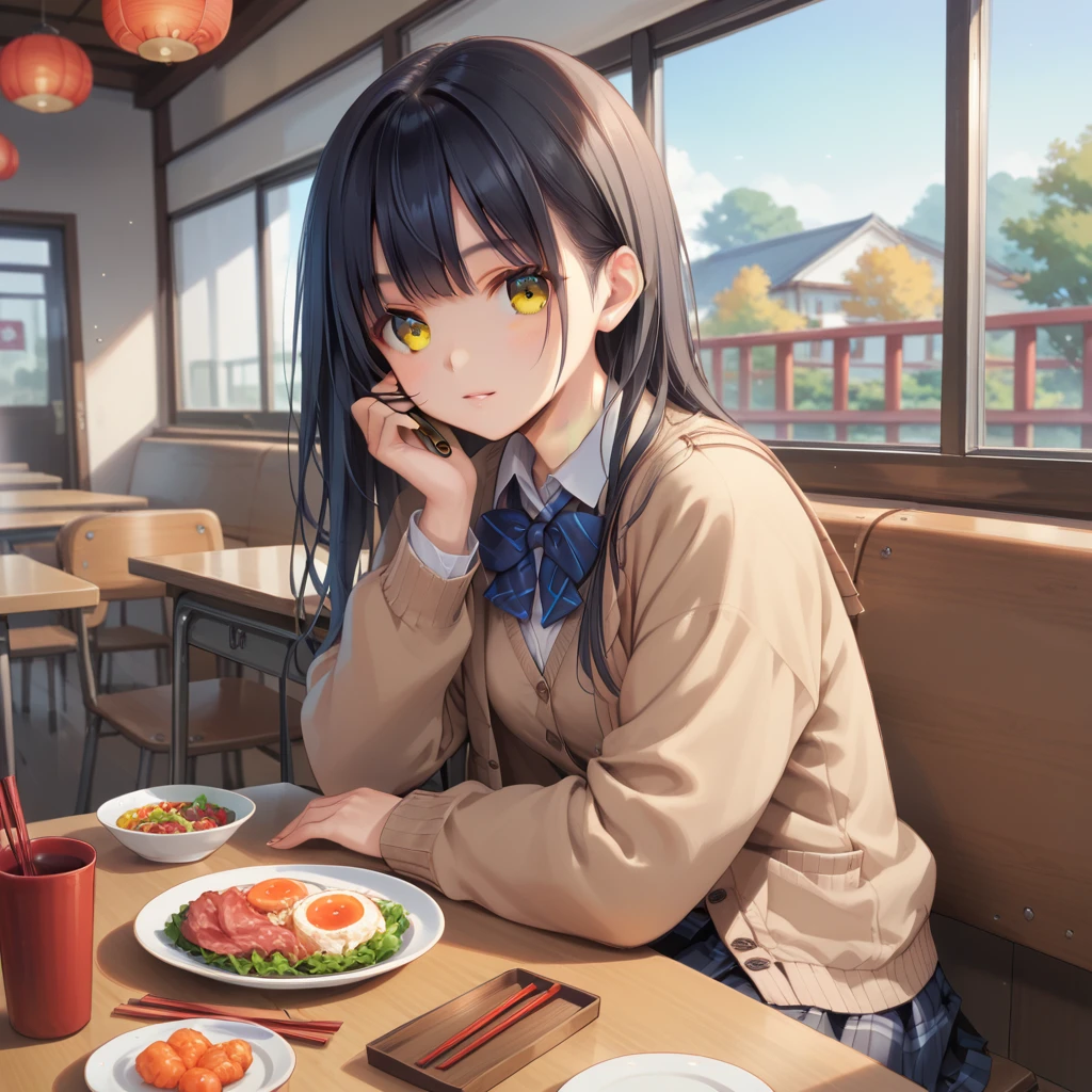 (8K, best quality, master piece: 1.2),ultra-high resolution,1 girl,solo,ultra-detailed face,detailed eyes,orange eyes,Straight hair, long hairblack hair,school uniform,plaid skirt,cardigan,rim light,holding chopsticks,Sitting in a chair,fresh seafood platter on the table,indoors Japanese high-end restaurant