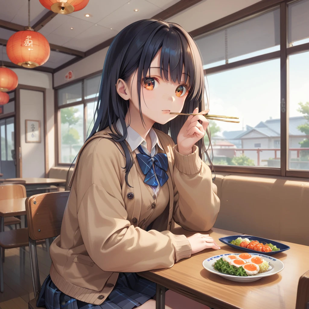 (8K, best quality, master piece: 1.2),ultra-high resolution,1 girl,solo,ultra-detailed face,detailed eyes,orange eyes,Straight hair, long hairblack hair,school uniform,plaid skirt,cardigan,rim light,holding chopsticks,Sitting in a chair,fresh seafood platter on the table,indoors Japanese high-end restaurant